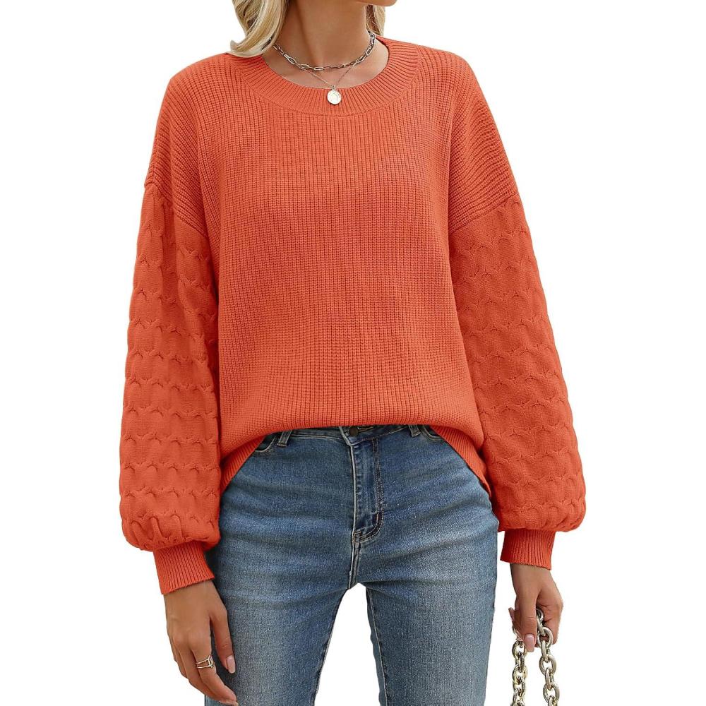image:imageLonya Pull Femme Chic Elegant Tricot Col Rond Sweat Hiver Chaud Pullover Manche Longue Pulls Cable Knit Grande TailleOrange