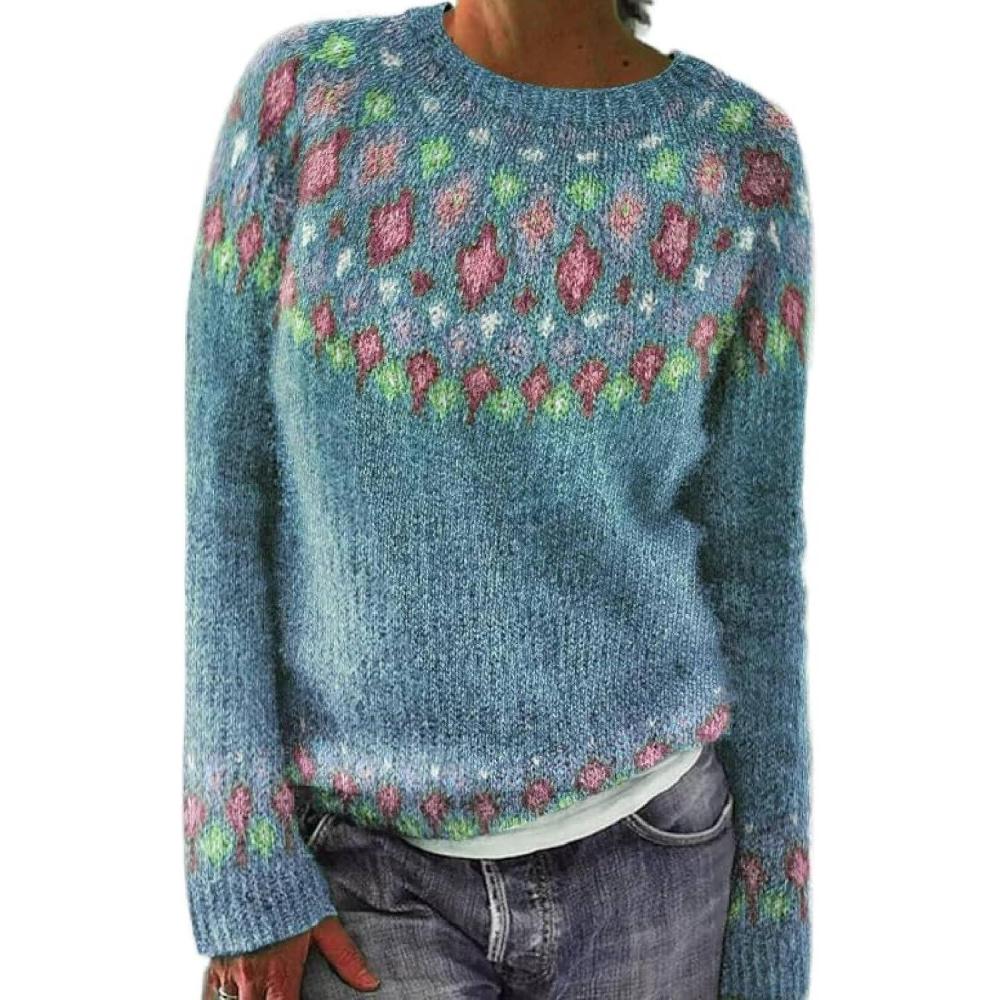 image:imagePull Irlandais Femme dhiver Chaud Chic Et lgant Pullover Tricot Col Rond Manches Longues Sweatshirts Vintage Motif Tunique Grande Taille Mode Dcontracts Vetement Femme Automne HiverBleu