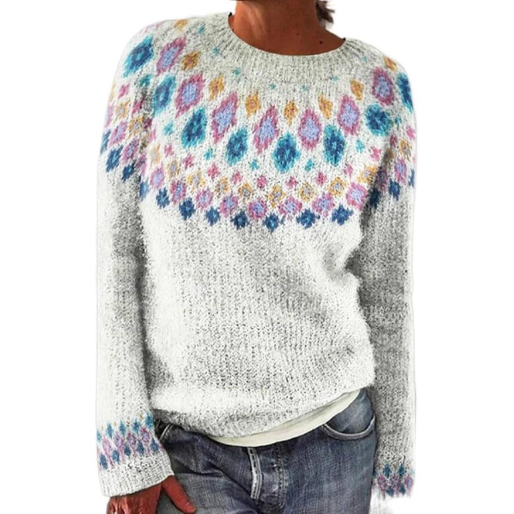 image:imagePull Irlandais Femme dhiver Chaud Chic Et lgant Pullover Tricot Col Rond Manches Longues Sweatshirts Vintage Motif Tunique Grande Taille Mode Dcontracts Vetement Femme Automne HiverBlanc