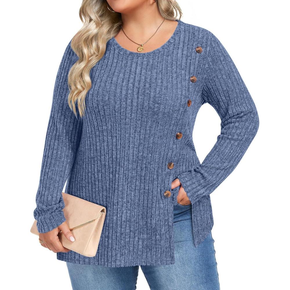 image:imagePull grande taille pour femme Haut lger manches longues Col rond Boutons Tunique fendue sur le ct XL5XL