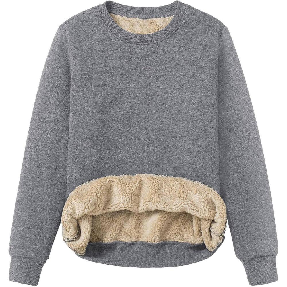 image:imageSweat Polaire Femme sans Capuche Automne Et Hiver Pais Et Chaud Pullover Manches Longues Et Col Rond Sweatshirts Chic Doublure Sherpa Thermique Pull Couleur Unie Grande Taille HautAgrey