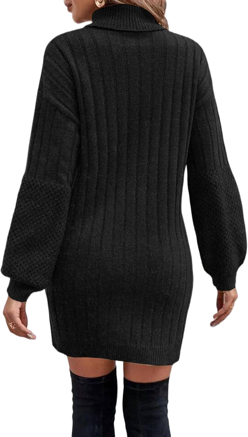 image:imageELFIN Robe en Tricot Femme Col roul Manches Bouffantes Robes dhiver lgante Manches Longues Pull en Tricot Mini RobeNoir