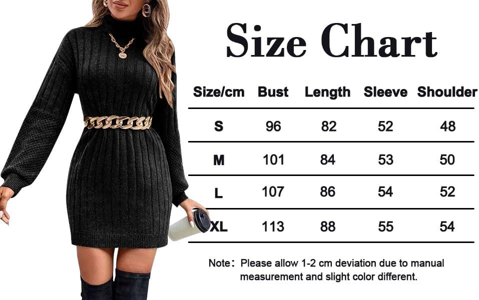 image:imageELFIN Robe en Tricot Femme Col roul Manches Bouffantes Robes dhiver lgante Manches Longues Pull en Tricot Mini RobeNoir