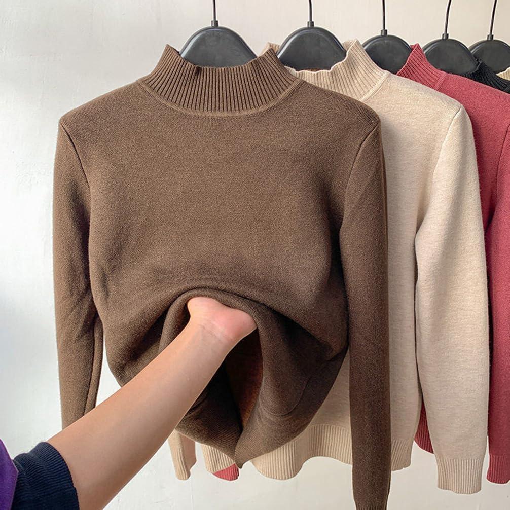 image:imageMinetom Pull Col Roul Femme Pullover Manches Longues Doubl Polaire Pull Basique Chandail Casual Chaud sousvtement Thermique Hauts TopsB Rouge