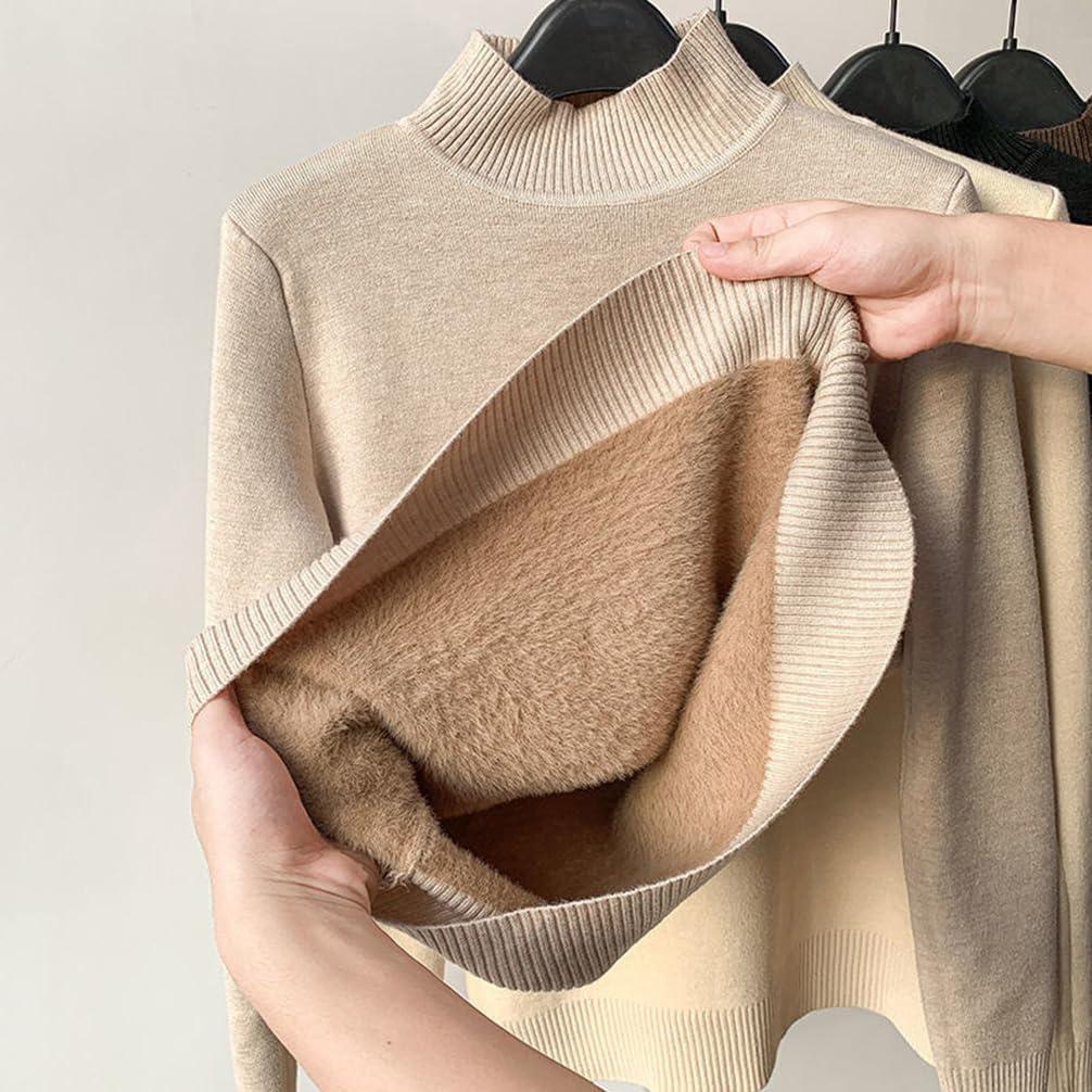 image:imageMinetom Pull Col Roul Femme Pullover Manches Longues Doubl Polaire Pull Basique Chandail Casual Chaud sousvtement Thermique Hauts TopsB Rouge