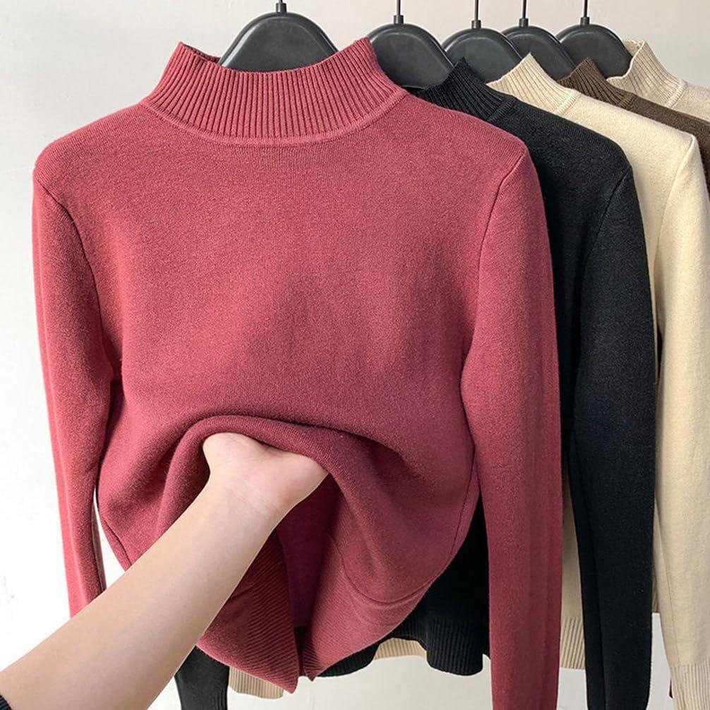 image:imageMinetom Pull Col Roul Femme Pullover Manches Longues Doubl Polaire Pull Basique Chandail Casual Chaud sousvtement Thermique Hauts TopsB Rouge