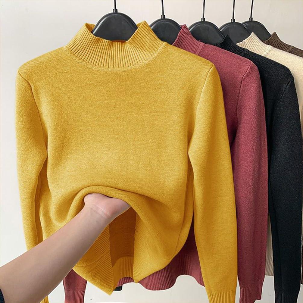 image:imageMinetom Pull Col Roul Femme Pullover Manches Longues Doubl Polaire Pull Basique Chandail Casual Chaud sousvtement Thermique Hauts TopsB Rouge