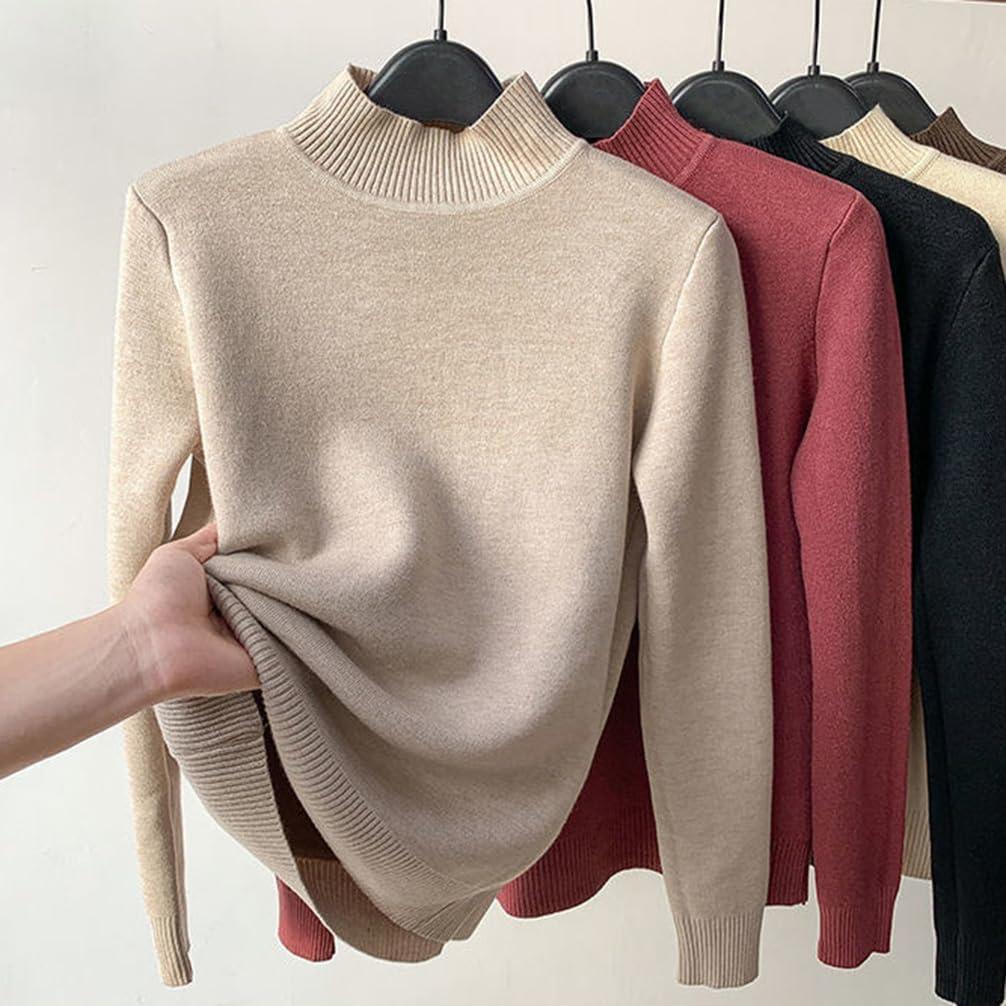 image:imageMinetom Pull Col Roul Femme Pullover Manches Longues Doubl Polaire Pull Basique Chandail Casual Chaud sousvtement Thermique Hauts TopsB Rouge