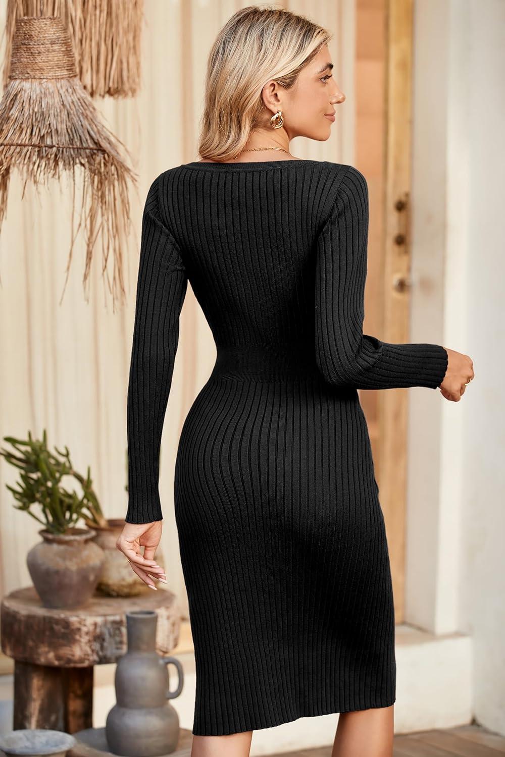 image:imageNewshows Robe Pull dhiver Manches Longues et col en V pour Femme Robe tricote lgante avec CeintureNoir
