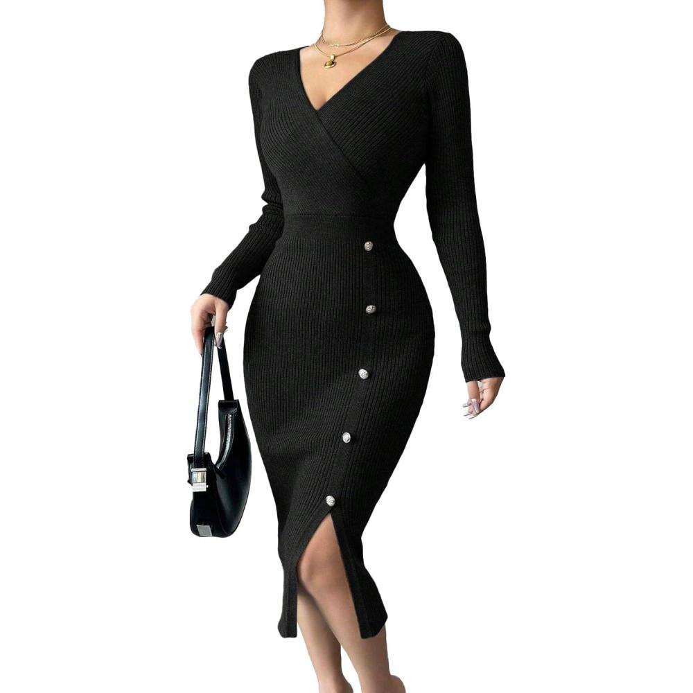 image:imageFemme Robe Pull Tricot Col en V Moulante Manches Longues Midirobe Taille Haute Maille Casual Robes avec Boutons Trs Extensible Automne HiverNoir