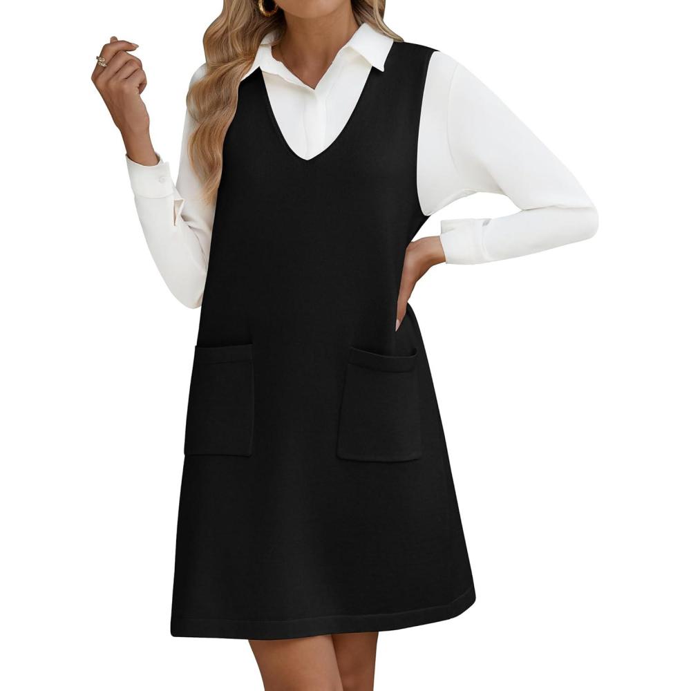 image:imageHotouch Robe pour femme Col en V Sans manches En tricot Robe dcontracte Longue veste avec pochesNoir