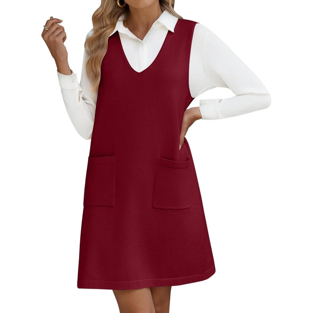 image:imageHotouch Robe pour femme Col en V Sans manches En tricot Robe dcontracte Longue veste avec pochesRouge Vin