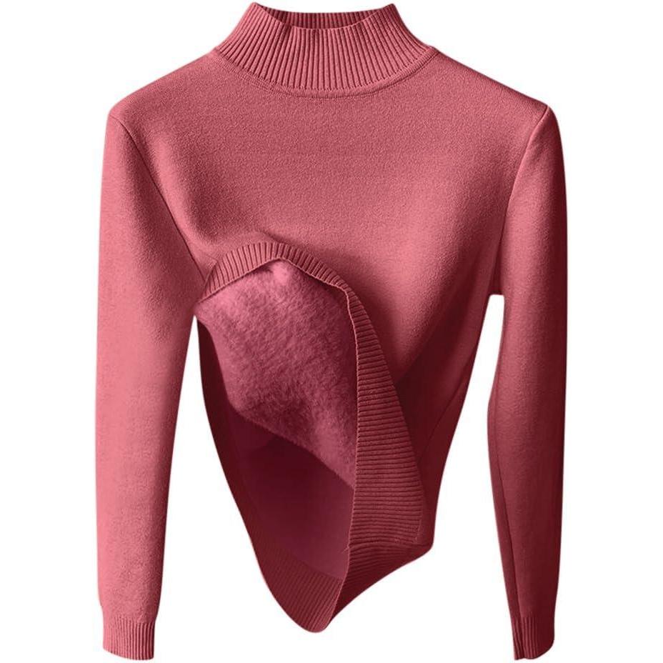 image:imageMinetom Pull Col Roul Femme Pullover Manches Longues Doubl Polaire Pull Basique Chandail Casual Chaud sousvtement Thermique Hauts TopsB Rouge
