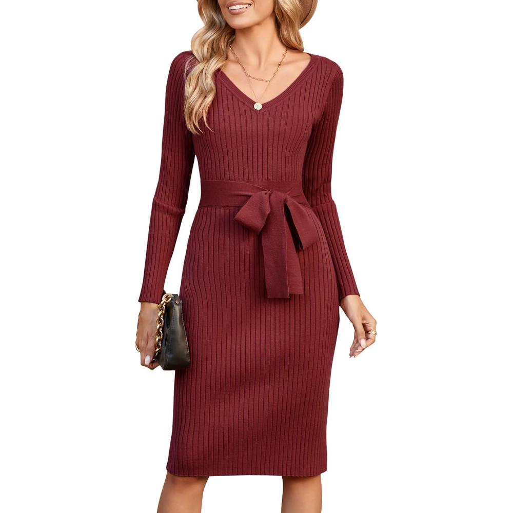 image:imageNewshows Robe Pull dhiver Manches Longues et col en V pour Femme Robe tricote lgante avec CeintureRouge