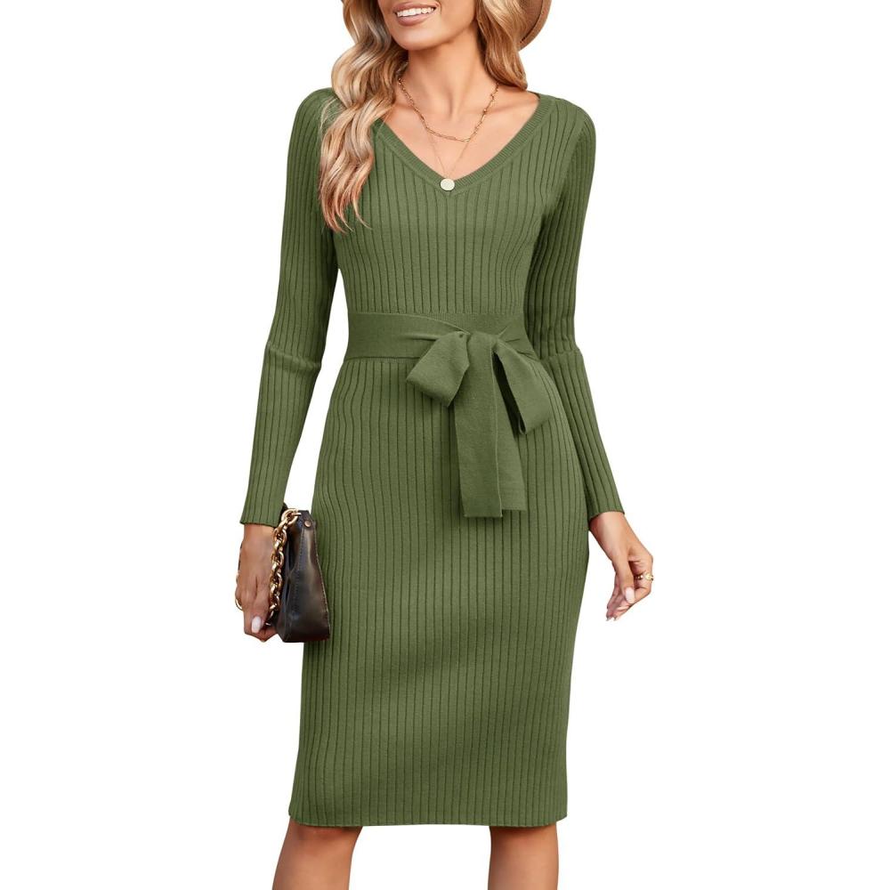 image:imageNewshows Robe Pull dhiver Manches Longues et col en V pour Femme Robe tricote lgante avec CeintureVert Kaki