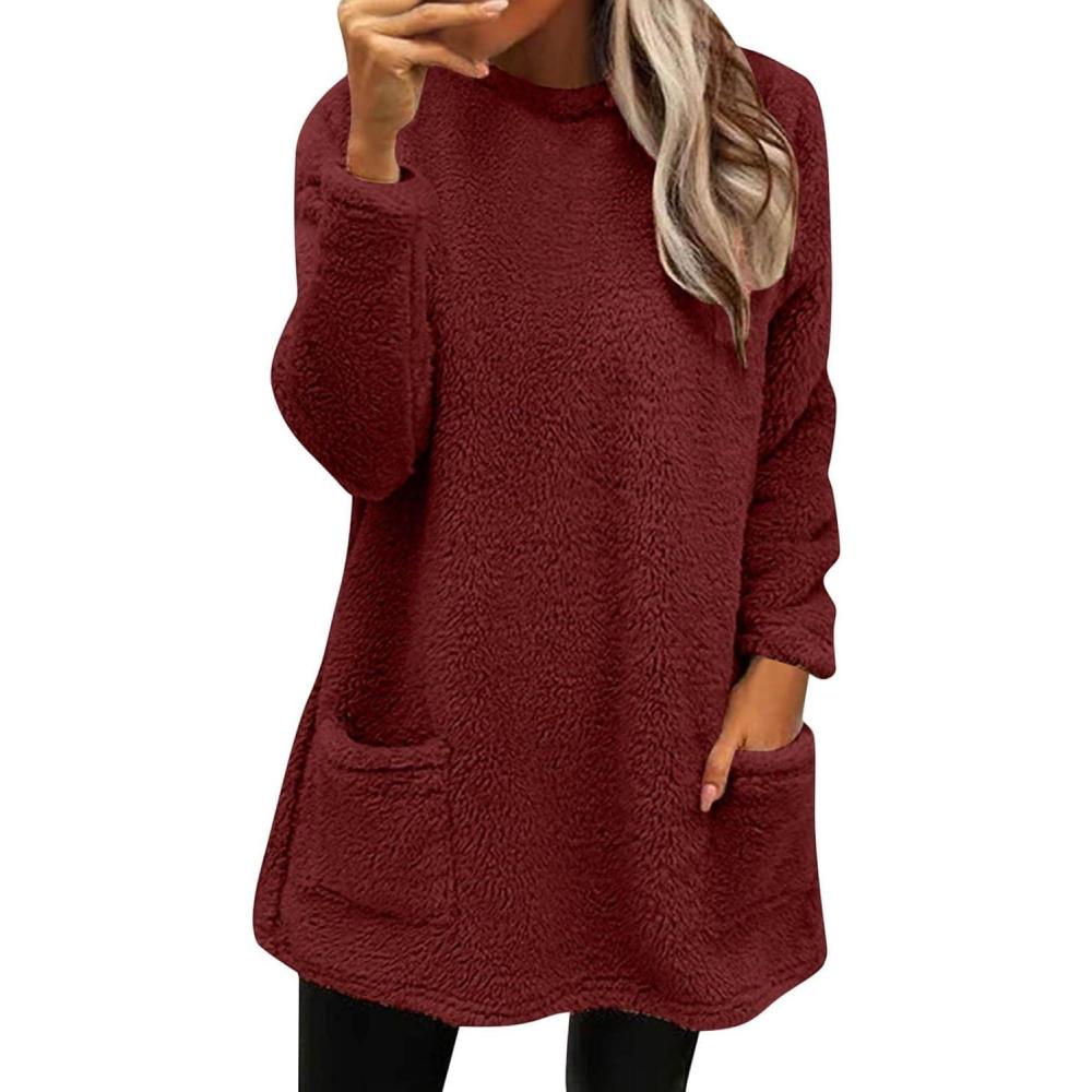 image:imageRobe Pull Femme Hiver Pas Cher Robes dhiver Polaire Chaud Hauts Mini Robes AVCE Poches Robe Sweat Manche Longue Grande Taille Dcontracte Tunique Ample lgant Sweatshirt Pullover01red