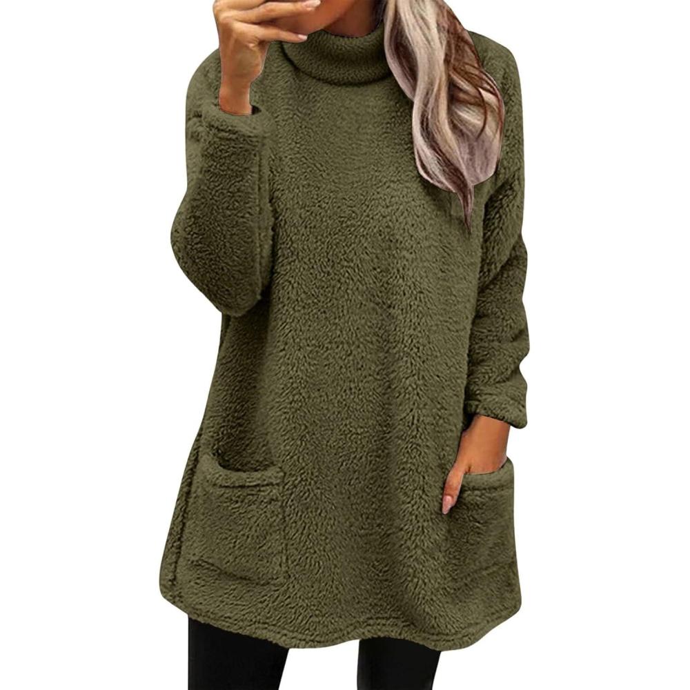 image:imageRobe Pull Femme Hiver Pas Cher Robes dhiver Polaire Chaud Hauts Mini Robes AVCE Poches Robe Sweat Manche Longue Grande Taille Dcontracte Tunique Ample lgant Sweatshirt PulloverZ1blackish Green