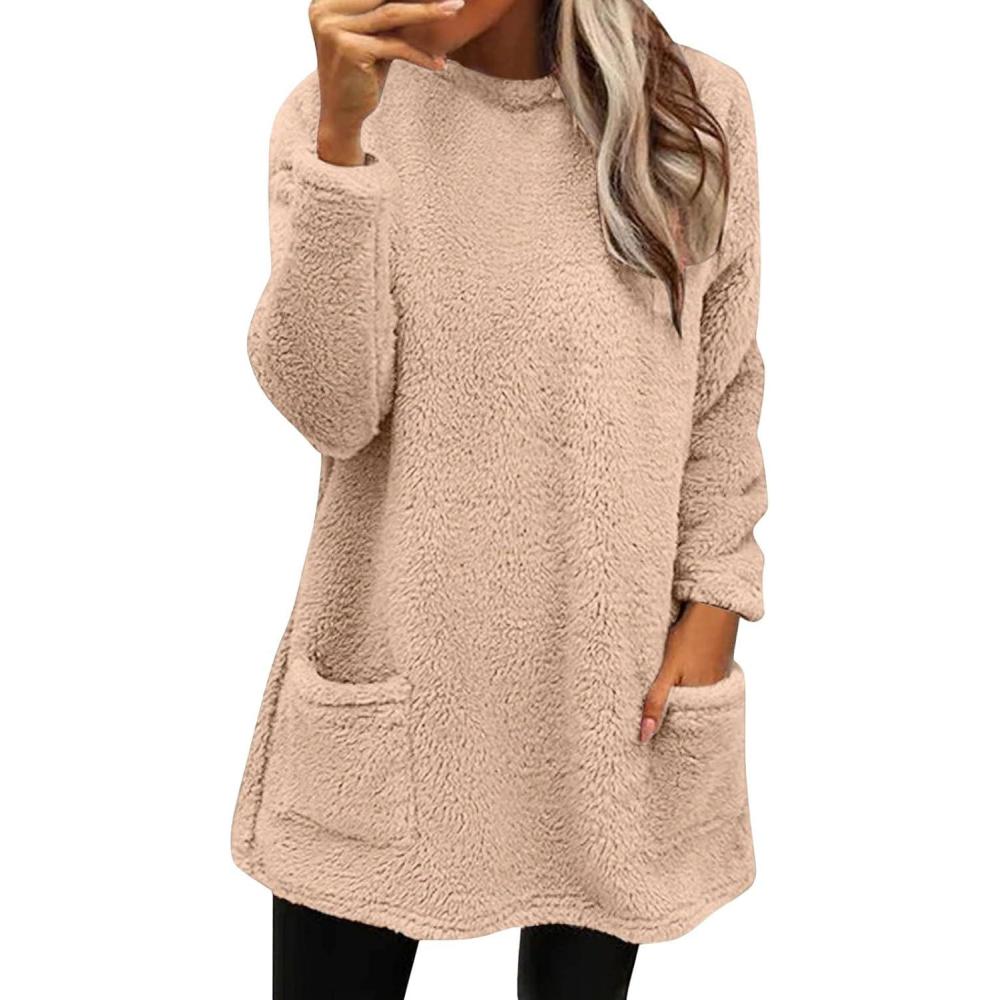 image:imageRobe Pull Femme Hiver Pas Cher Robes dhiver Polaire Chaud Hauts Mini Robes AVCE Poches Robe Sweat Manche Longue Grande Taille Dcontracte Tunique Ample lgant Sweatshirt Pullover02pink