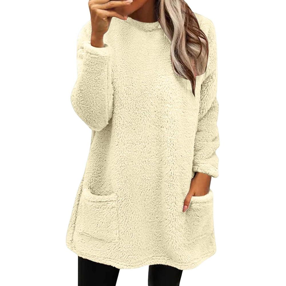 image:imageRobe Pull Femme Hiver Pas Cher Robes dhiver Polaire Chaud Hauts Mini Robes AVCE Poches Robe Sweat Manche Longue Grande Taille Dcontracte Tunique Ample lgant Sweatshirt Pullover02beige