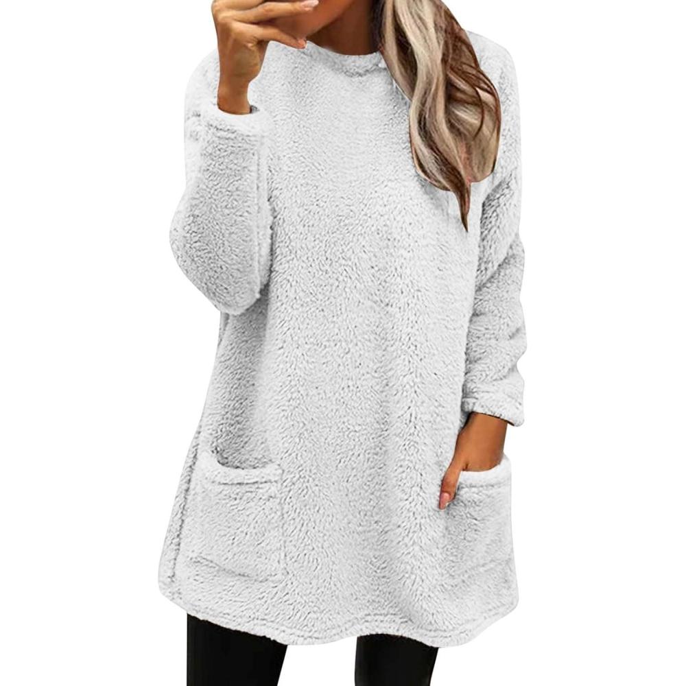 image:imageRobe Pull Femme Hiver Pas Cher Robes dhiver Polaire Chaud Hauts Mini Robes AVCE Poches Robe Sweat Manche Longue Grande Taille Dcontracte Tunique Ample lgant Sweatshirt Pullover01white