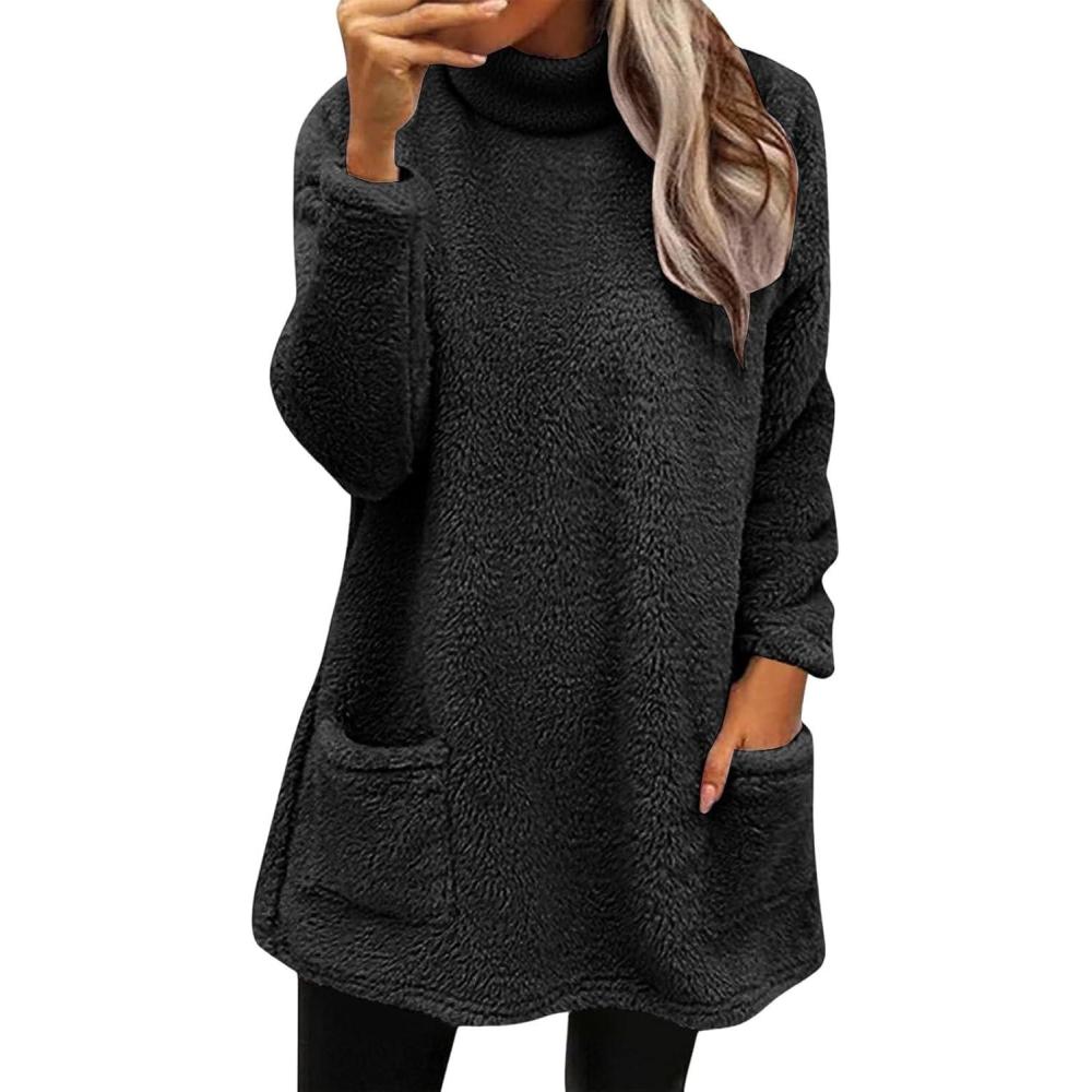 image:imageRobe Pull Femme Hiver Pas Cher Robes dhiver Polaire Chaud Hauts Mini Robes AVCE Poches Robe Sweat Manche Longue Grande Taille Dcontracte Tunique Ample lgant Sweatshirt PulloverZ1black