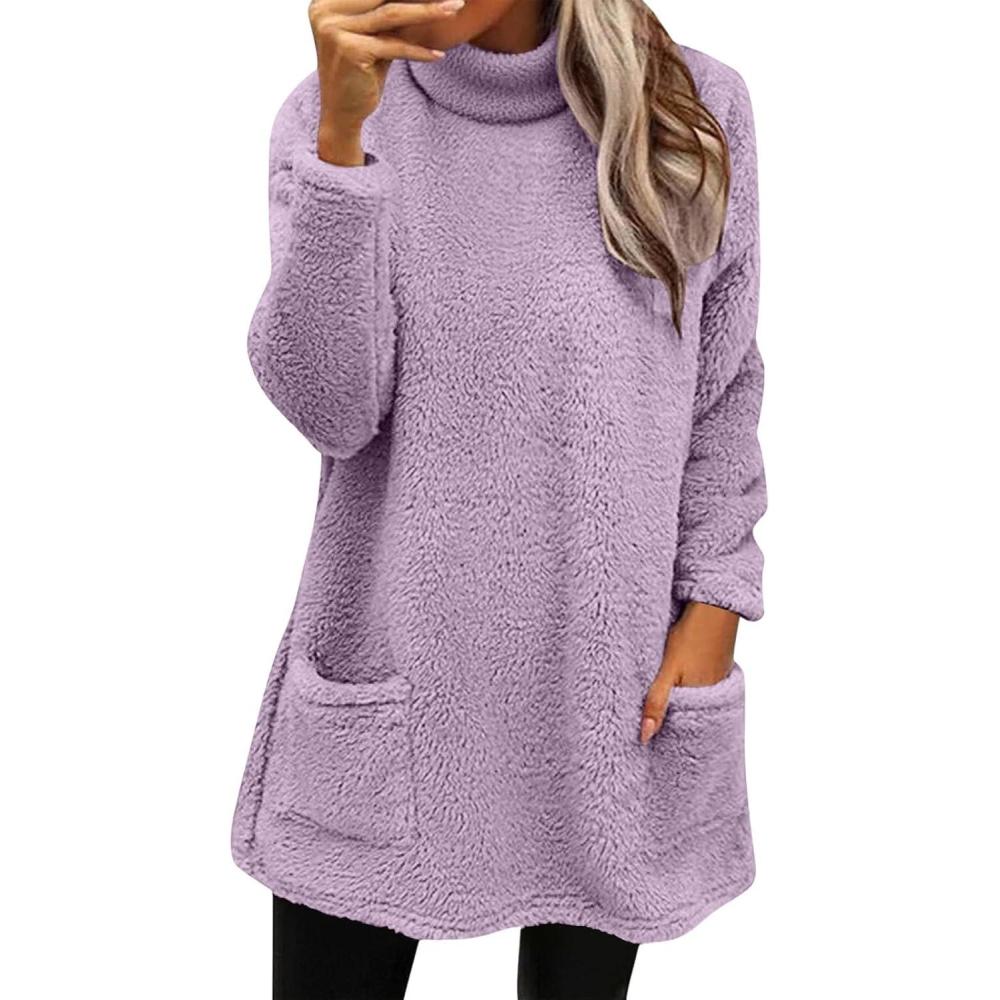 image:imageRobe Pull Femme Hiver Pas Cher Robes dhiver Polaire Chaud Hauts Mini Robes AVCE Poches Robe Sweat Manche Longue Grande Taille Dcontracte Tunique Ample lgant Sweatshirt PulloverZ1light Violet