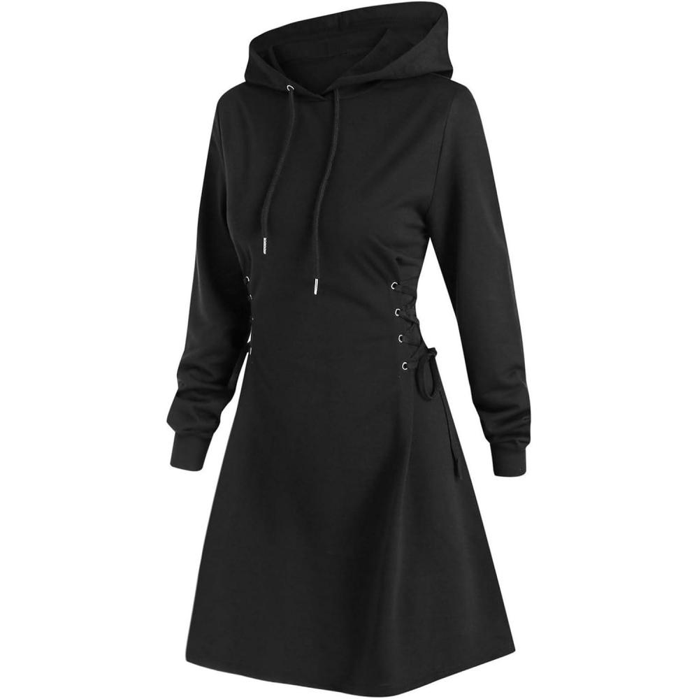 image:imageRobe pull pour femme  Robe dautomne  Sexy  Pull  capuche  Pull long  Automne  Hiver  Manches longues  Mini robe avec cordon de serrage  Tricot finNoir
