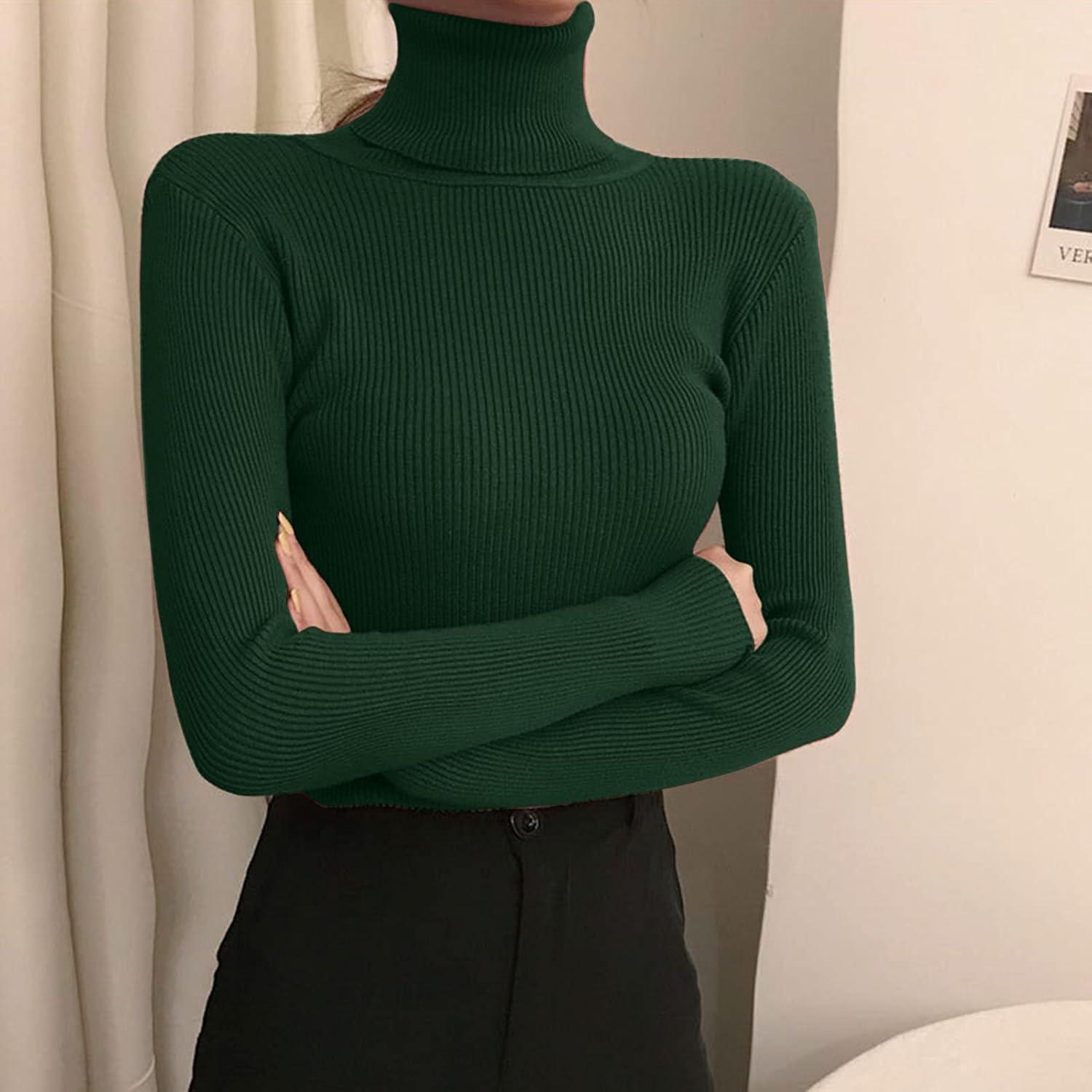 image:imageLegging col roul et manches longues pour femme Automne et hiver 2022 Pull en tricot serr avec un pull noir fin sous le reversVert