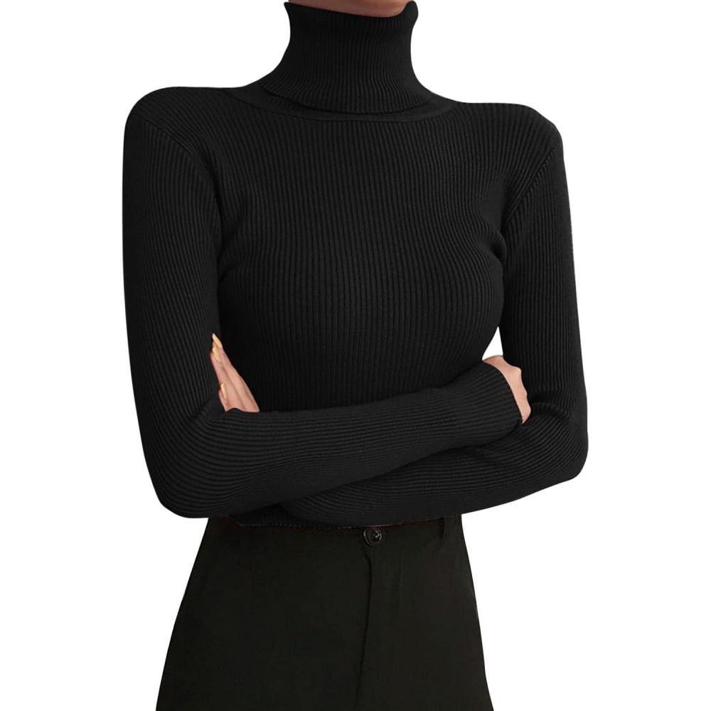 image:imageLegging col roul et manches longues pour femme Automne et hiver 2022 Pull en tricot serr avec un pull noir fin sous le reversNoir