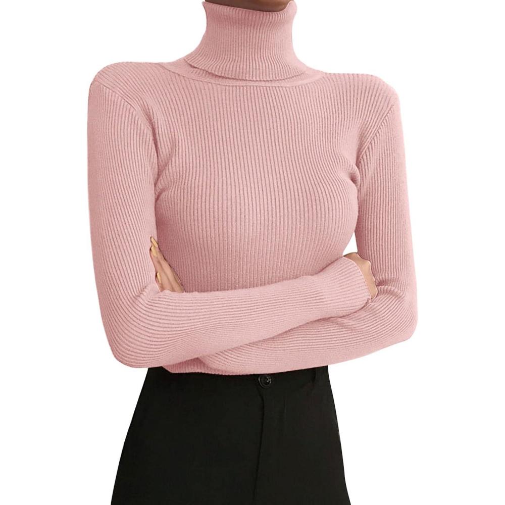 image:imageLegging col roul et manches longues pour femme Automne et hiver 2022 Pull en tricot serr avec un pull noir fin sous le reversRose