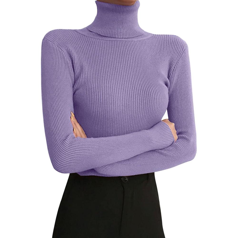 image:imageLegging col roul et manches longues pour femme Automne et hiver 2022 Pull en tricot serr avec un pull noir fin sous le reversViolet