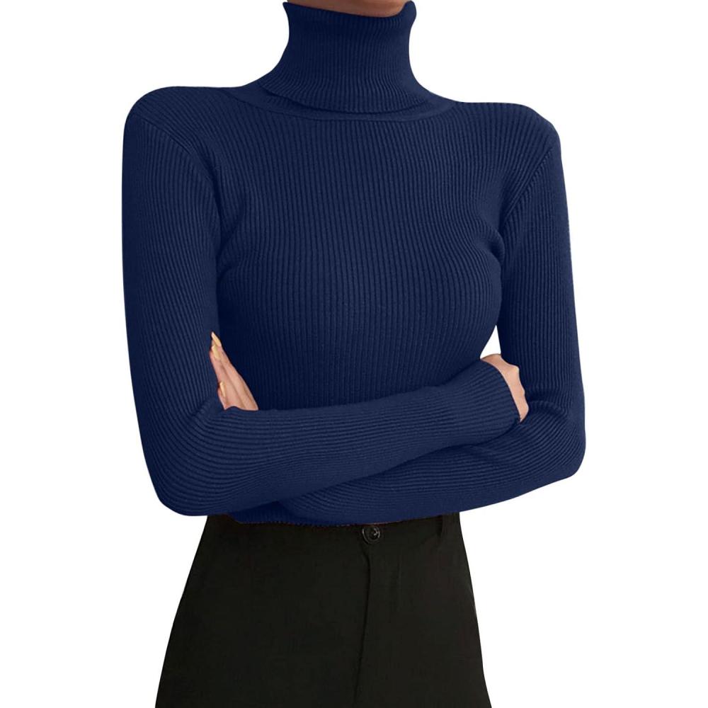 image:imagePull Col Roul pour Femme Hiver Basique sousVtement Pull en Tricot Chaud Manches Longues Casual Pull Femme Slim Fit Couleur Solide Pull en Maille Col Montant Chandails TopsMarine