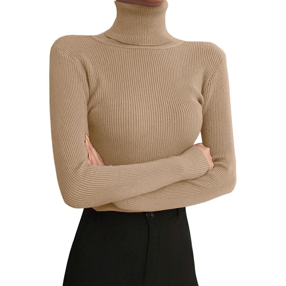 image:imagePull Col Roul pour Femme Hiver Basique sousVtement Pull en Tricot Chaud Manches Longues Casual Pull Femme Slim Fit Couleur Solide Pull en Maille Col Montant Chandails TopsKaki