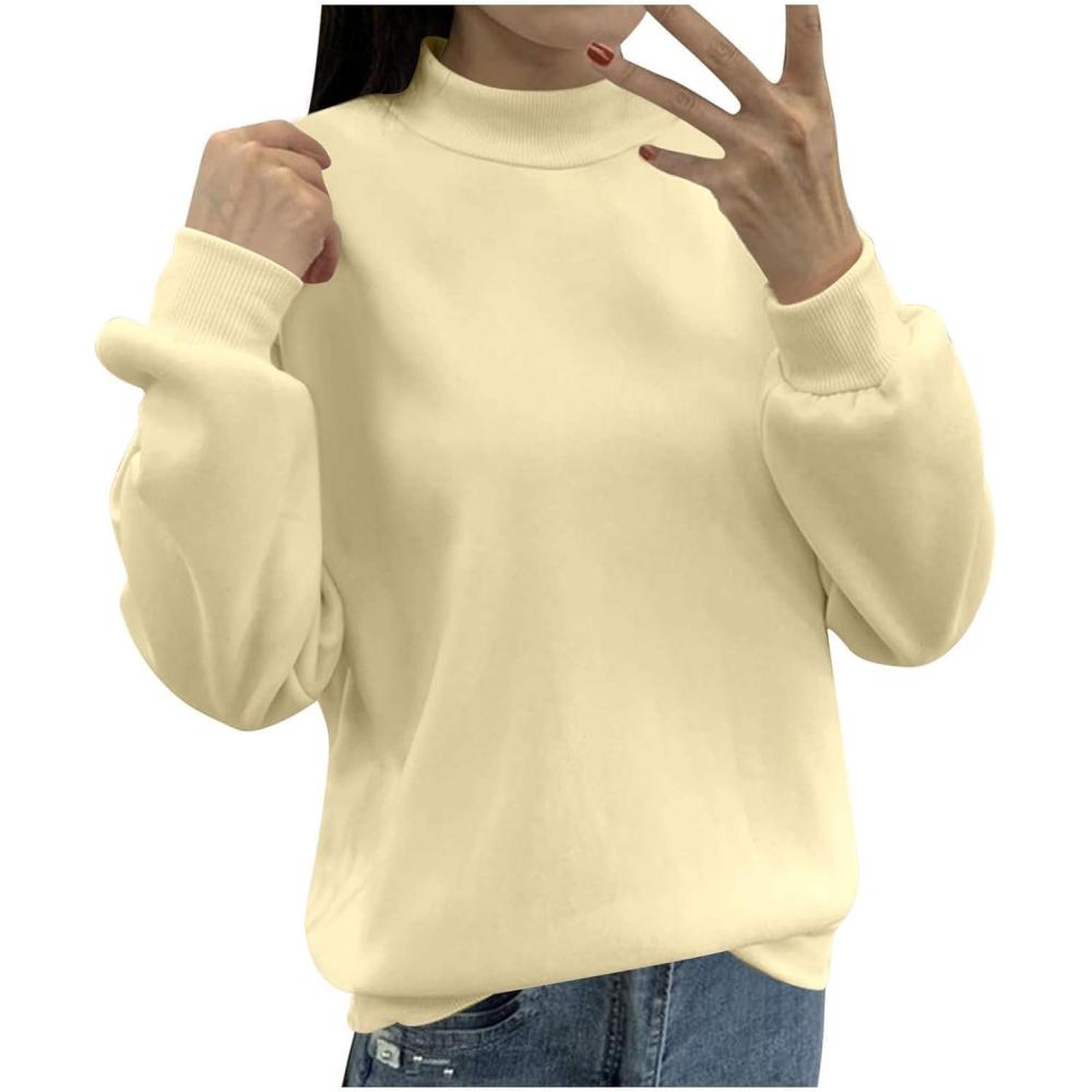 image:imageGenerisch Sweatshirt pour femme avec doublure en polaire petit col roul ample dcontract manches longues col rond couleur unie pull sansBeige