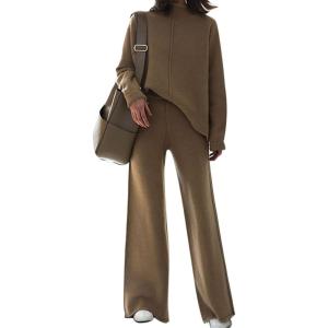 AOHITE Ensemble 2 pièces pour femme avec pull en tricot et pantalon à jambes larges(Marron)