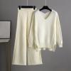 Combinaison En Tricot Pour Femme Manche Longue 2 Pièces Ensemble De Salon Automne Hiver Chaud Ensemble Chemise Pantalon Décontracté Chic Et Elegant Femme Tenue De Sport Tenue D&rsquo;intérieur(Blanc)