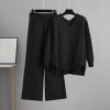 Combinaison En Tricot Pour Femme Manche Longue 2 Pièces Ensemble De Salon Automne Hiver Chaud Ensemble Chemise Pantalon Décontracté Chic Et Elegant Femme Tenue De Sport Tenue D&rsquo;intérieur(Noir)