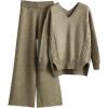 Combinaison En Tricot Pour Femme Manche Longue 2 Pièces Ensemble De Salon Automne Hiver Chaud Ensemble Chemise Pantalon Décontracté Chic Et Elegant Femme Tenue De Sport Tenue D&rsquo;intérieur(Kaki)