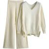 Combinaison En Tricot Pour Femme Manche Longue 2 Pièces Ensemble De Salon Automne Hiver Chaud Ensemble Chemise Pantalon Décontracté Chic Et Elegant Femme Tenue De Sport Tenue D&rsquo;intérieur(Blanc)