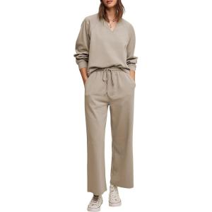 Balimtoy Ensemble de survêtement 2 pièces pour femme – Pull à manches longues – Cordon de serrage – Jambes larges – Tenue d&rsquo;automne 2024(abricot)