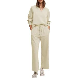 Balimtoy Ensemble de survêtement 2 pièces pour femme – Pull à manches longues – Cordon de serrage – Jambes larges – Tenue d&rsquo;automne 2024(ecru)