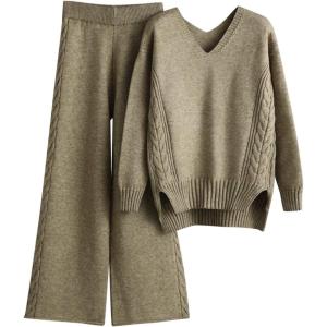 Combinaison En Tricot Pour Femme Manche Longue 2 Pièces Ensemble De Salon Automne Hiver Chaud Ensemble Chemise Pantalon Décontracté Chic Et Elegant Femme Tenue De Sport Tenue D&rsquo;intérieur(Kaki)