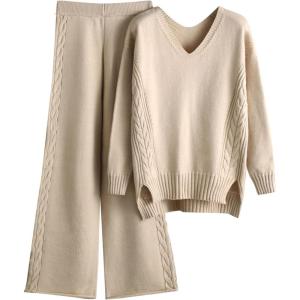 Combinaison En Tricot Pour Femme Manche Longue 2 Pièces Ensemble De Salon Automne Hiver Chaud Ensemble Chemise Pantalon Décontracté Chic Et Elegant Femme Tenue De Sport Tenue D&rsquo;intérieur(Beige)