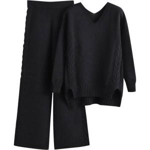 Combinaison En Tricot Pour Femme Manche Longue 2 Pièces Ensemble De Salon Automne Hiver Chaud Ensemble Chemise Pantalon Décontracté Chic Et Elegant Femme Tenue De Sport Tenue D&rsquo;intérieur(Noir)