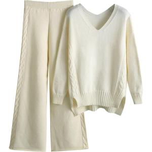 Combinaison En Tricot Pour Femme Manche Longue 2 Pièces Ensemble De Salon Automne Hiver Chaud Ensemble Chemise Pantalon Décontracté Chic Et Elegant Femme Tenue De Sport Tenue D&rsquo;intérieur(Blanc)
