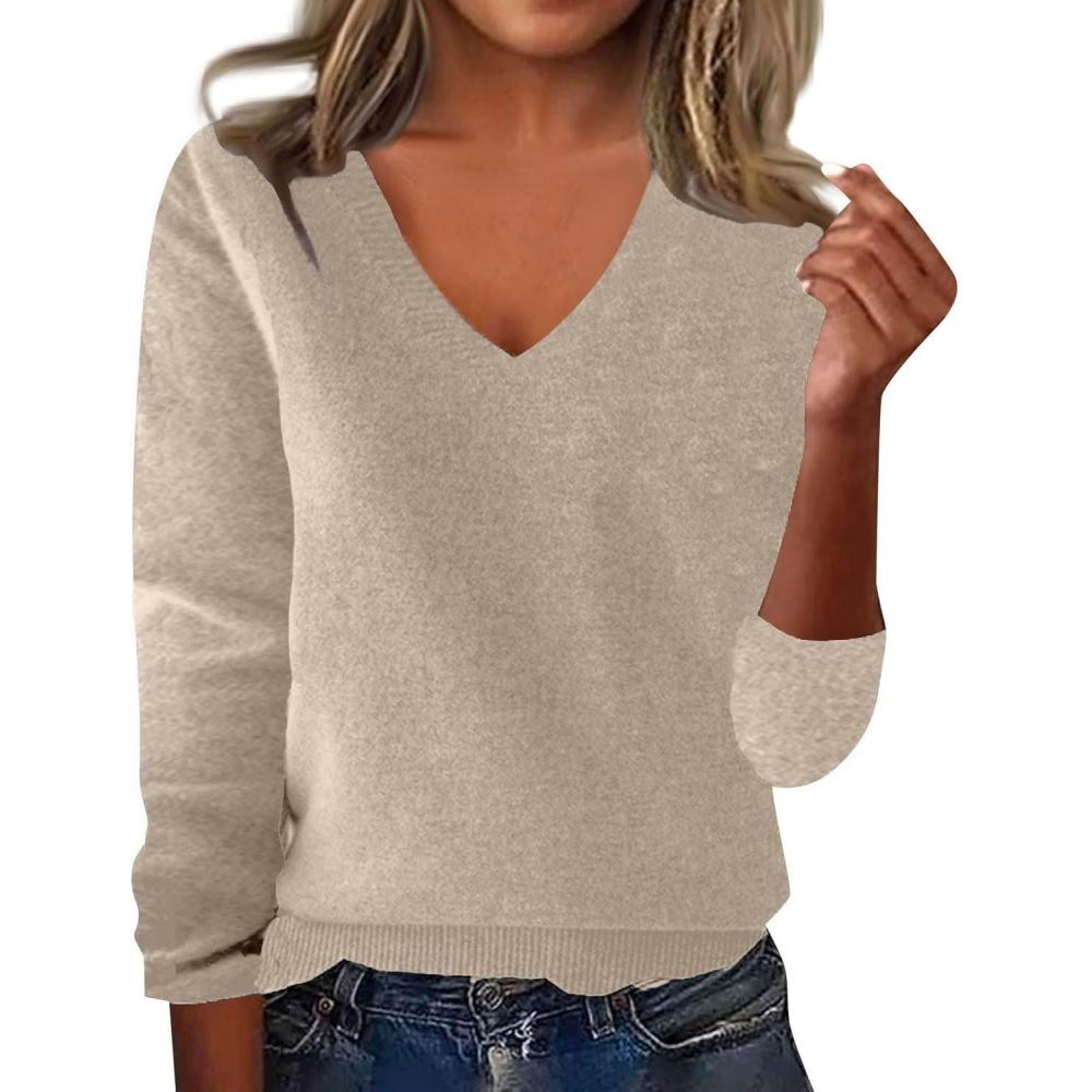 image:imagegnrique Pull Col en V Cachemire Femme Tricot en Cachemire Mlang pour Femme lgant Automne Hiver Chaud Col Rond Chemisier01beige