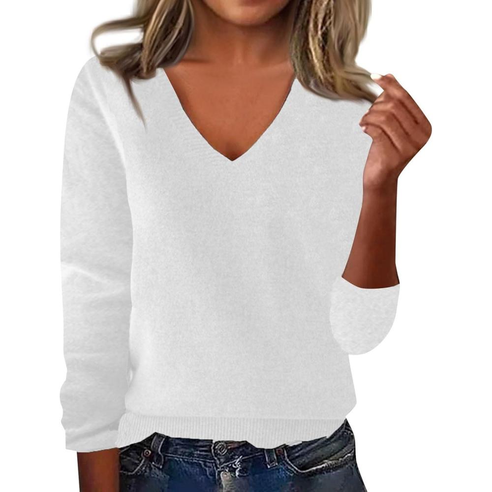 image:imagegnrique Pull Col en V Cachemire Femme Tricot en Cachemire Mlang pour Femme lgant Automne Hiver Chaud Col Rond Chemisier01blanc