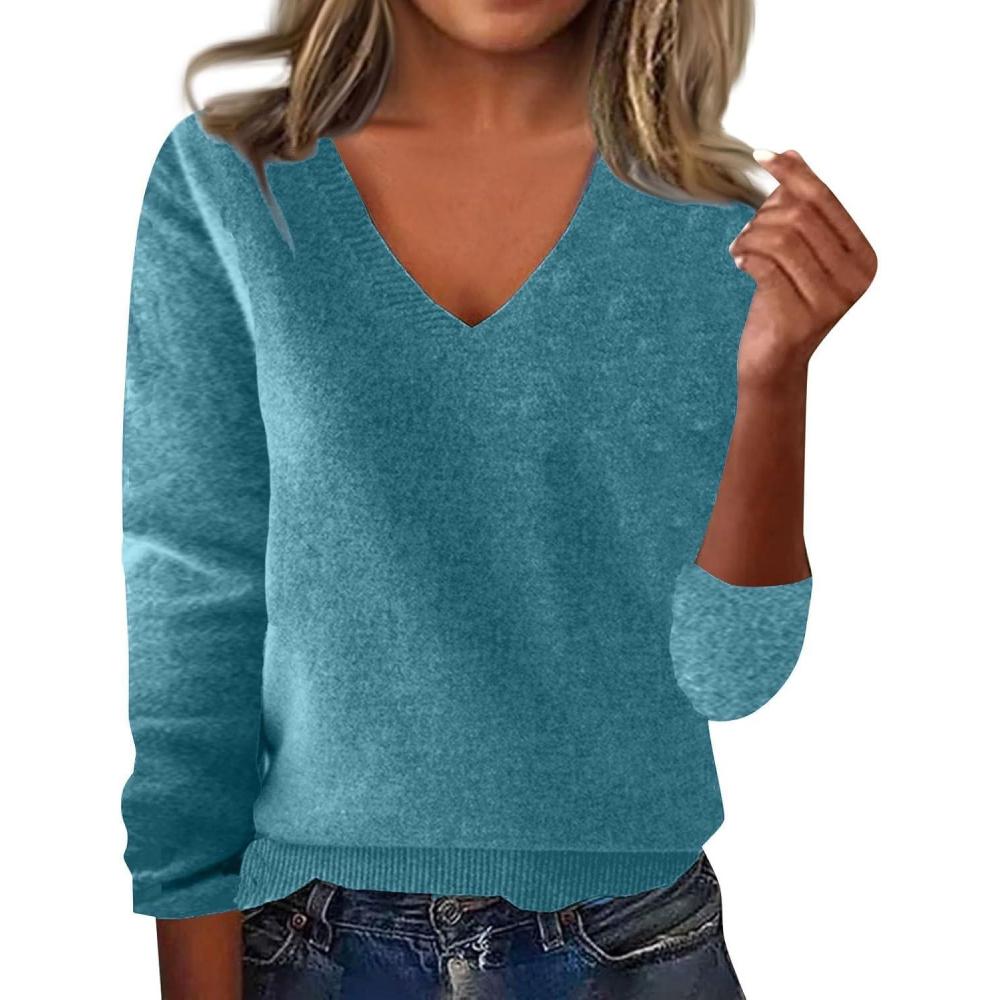 image:imagegnrique Pull Col en V Cachemire Femme Tricot en Cachemire Mlang pour Femme lgant Automne Hiver Chaud Col Rond Chemisier01bleu