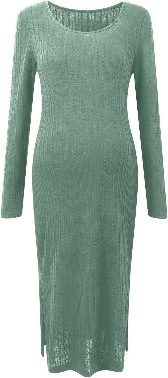 image:imageGenerisch Robe pull pour femme Hiver chaud Manches longues Robe de maternit douillette Automne Robe dallaitement Robe dallaitement moulante Robe en tricot raye avec col en VO Vert