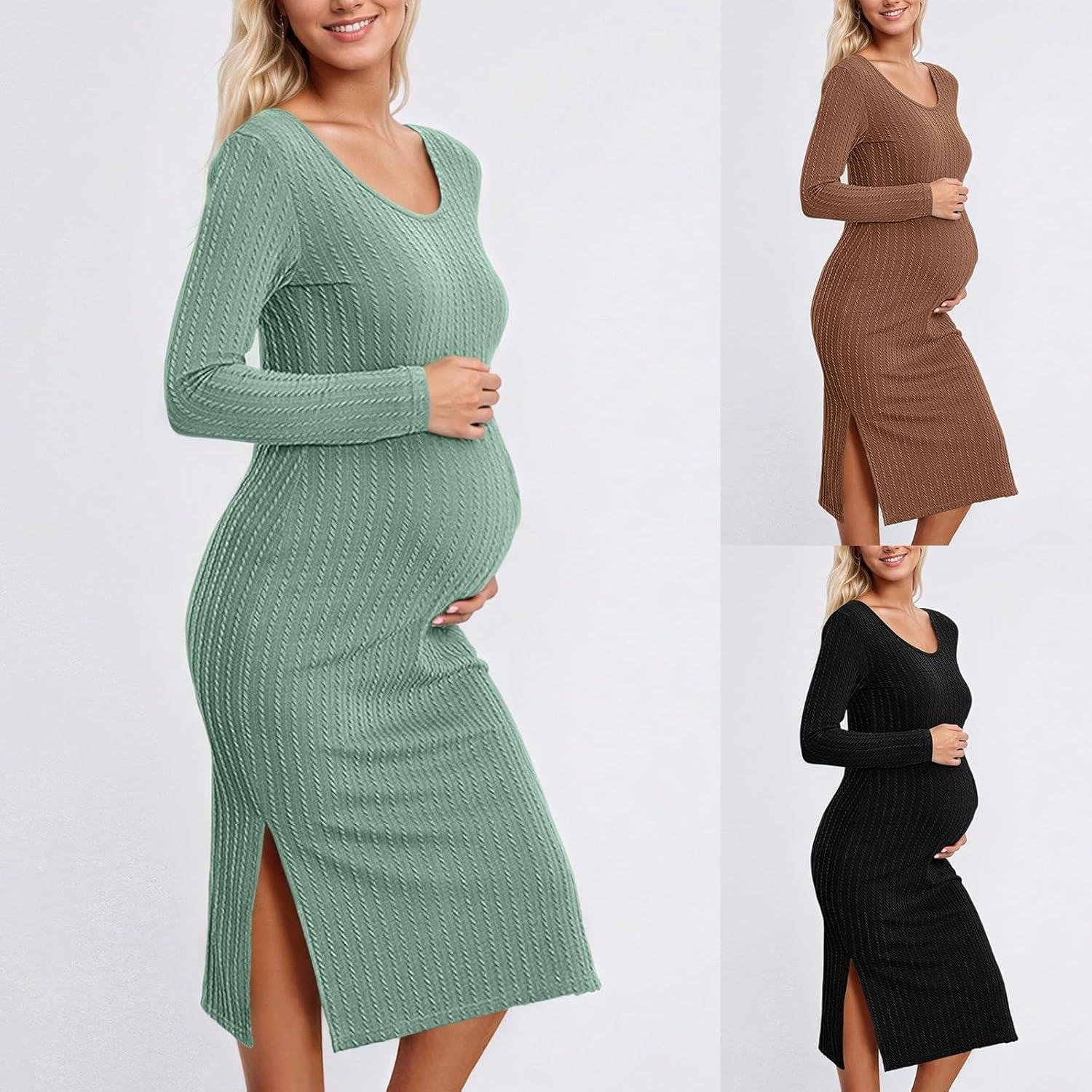 image:imageGenerisch Robe pull pour femme Hiver chaud Manches longues Robe de maternit douillette Automne Robe dallaitement Robe dallaitement moulante Robe en tricot raye avec col en VO Vert